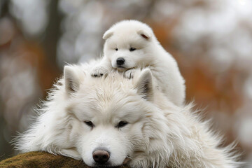 Obraz premium a white dog laying on top of a white dog