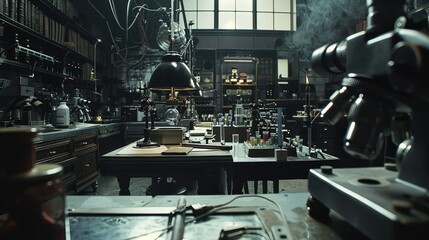 A vintage laboratory filled with scientific equipment, books, and intricate tools, evoking curiosity and creativity.