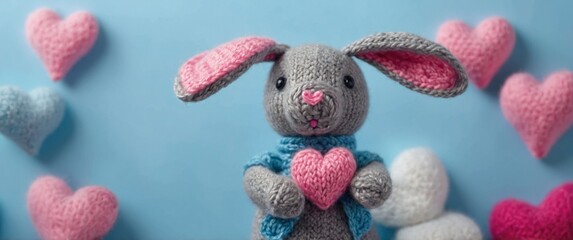 Knitted gray bunny with a crocheted pink hearts on a blue background.