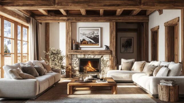 Alpine Living Room Retreat: Cozy chalet living room with exposed wooden beams, stone fireplace, and plush sofas. Perfect for showcasing rustic elegance and mountain home design.