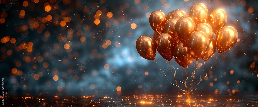 Poster golden balloons floating in a dark background with bokeh lights.