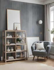 A modern living room with a gray tufted armchair, a wooden shelving unit, and a large white mockup on the wall.