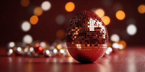 Fototapeta premium Disco ball egg on red background Mirrored effect Easter celebration concept.