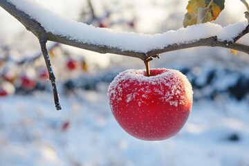 Frosty Apple on a Snow-Covered Branch