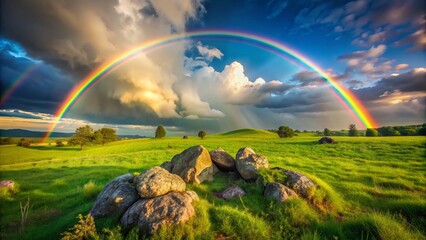 Vibrant double rainbow stretches across a cloudy sky, ending at a lush green meadow with a few rocks and a serene misty atmosphere.