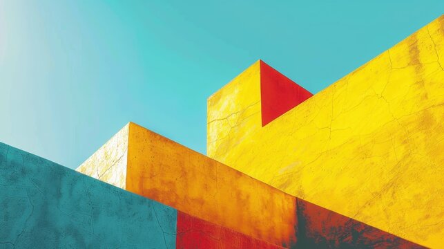 Abstract architectural shapes with vibrant color blocks, featuring yellow, blue, and red against a clear sky, minimalist modern art.