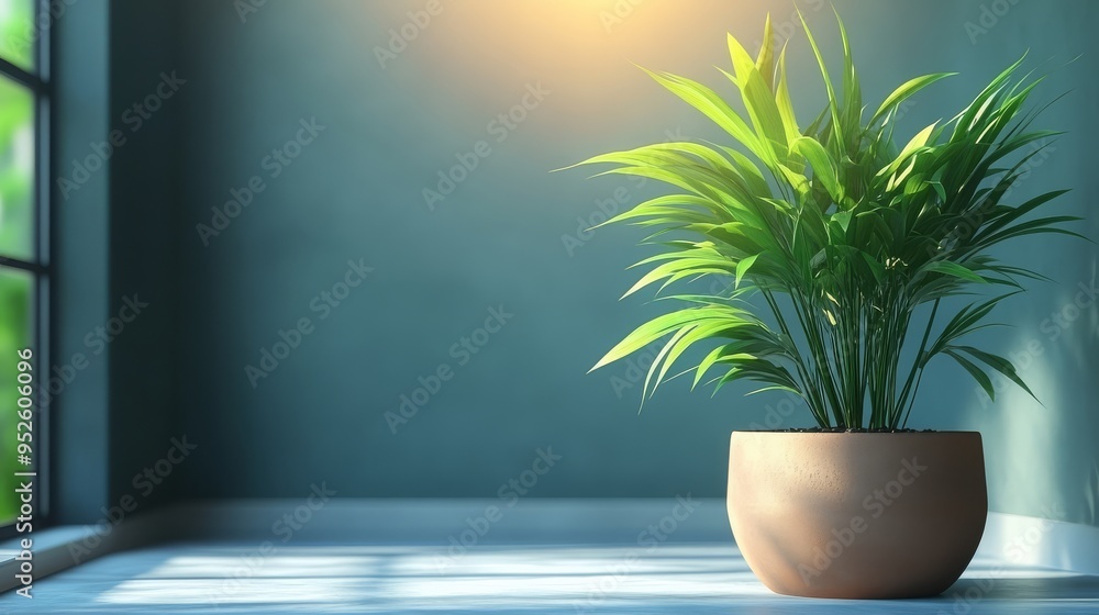 Poster sunlight streams through a large window illuminating a lush green plant in a terracotta pot creating