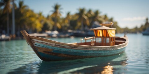 Obraz premium A fancy boat sits still in the shallow waters of The Bahamas.