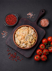 Delicious boiled beef or pork tongue sliced with carrots, onions, sour cream