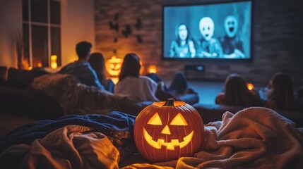 A Halloween movie night in a modern living room with a group of friends lounging on the couch surrounded by blankets and pillows while a scary movie plays on the big screen with a glowing jack o