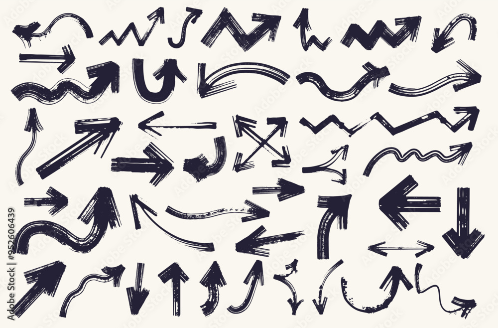 Poster big set of black hand drawn vector design arrows doodle on white background. collection of bold brus