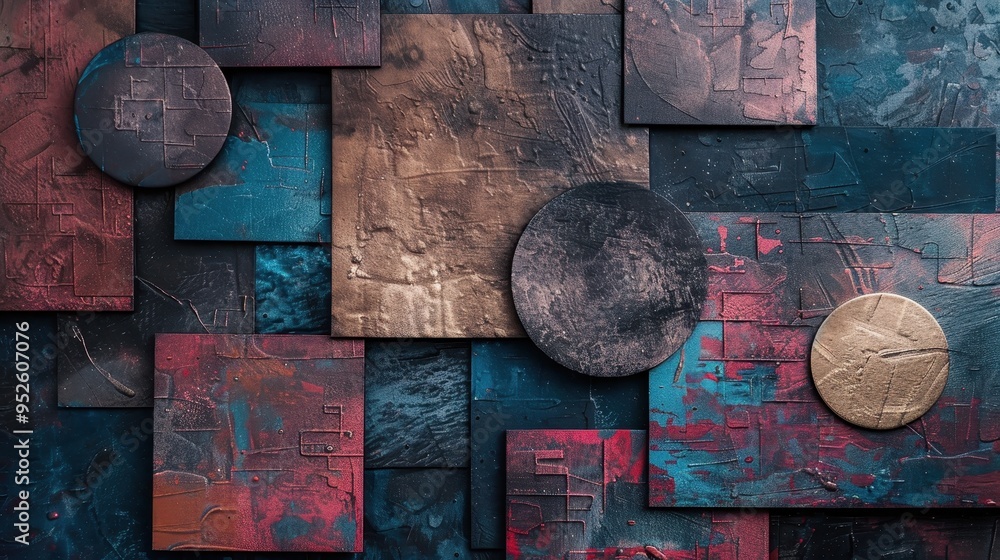 Poster abstract art with textured squares and circles in blue, gold, and red tones creating a rich and vibr