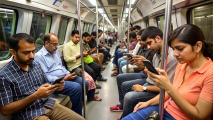 delhi metro passengers glued to mobile phones.