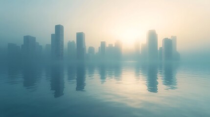 Fototapeta premium Serene Dawn in a Submerged Cityscape: Tranquil Waters and Faint Light