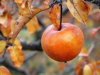 Ripe Apple on Tree in Autumn