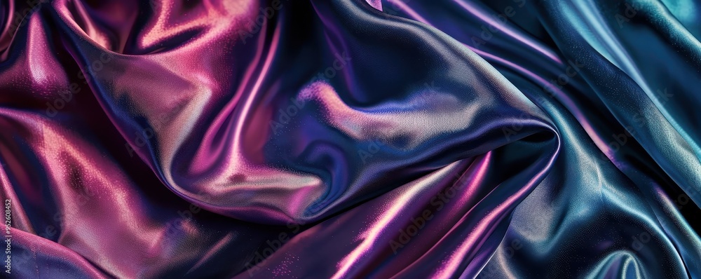 Poster abstract background with silky iridescent fabric in vibrant shades of pink and blue, creating a flui