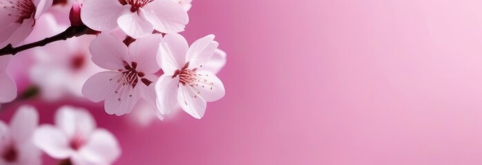 pink cherry blossoms on a pink blurred background, banner