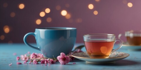 Cup of tea on a split blue and pink background.