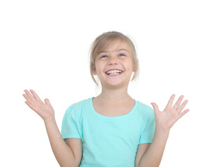 cute happy little girl with open arms looking up with excitement on white background