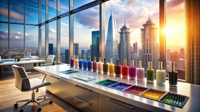 Vibrant hair color swatches and styling tools arranged on a sleek salon countertop, surrounded by modern backlighting and a blurred cityscape background.