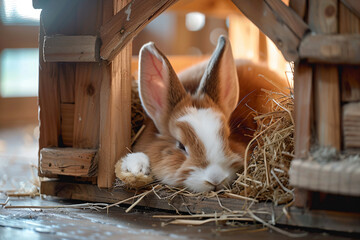 a rabbit is laying in a wooden house