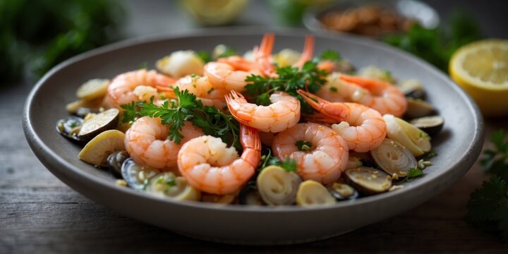 a dish of shrimp and abalone with lemon and parsley.