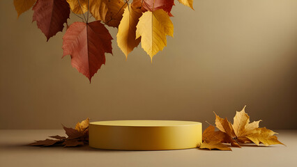 Autumn leaves on a round podium with a yellow background, fall concept banner template