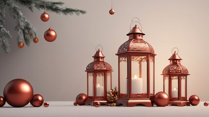 warm holiday scene featuring three red lanterns, each glowing with a lit candle, surrounded by red and gold Christmas ornaments and pine branches, perfect for a cozy Christmas setting