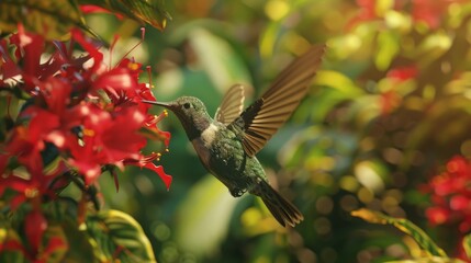 Obraz premium A hummingbird is perched on a red flower