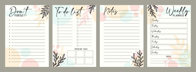 Planner tempalte set, A4 page layout vector, to do list, notes, weekly planner, don't forget text notebook pages, organic art floral line art design backgrounds