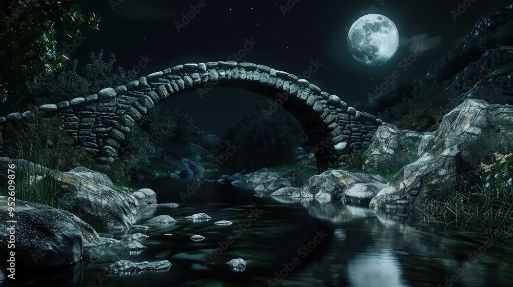 Poster a moonlit stone bridge over a tranquil stream, with the bridge occupying the left half and the right