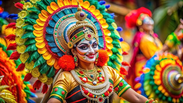 Vibrant Indian dance performer wears an intricately designed mask, adorned with colorful feathers and beads, against a blurred background of traditional festival decorations.