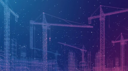 A Construction Site with Lots of Tower Cranes. Low Poly wireframe digital vector illustration. Polygons, lines, particles and connected dots. Horizontal banner template