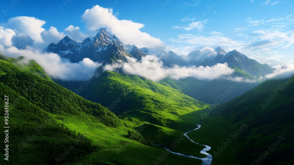 Wall mural A breathtaking view of a mountain range with a winding river running through a valley, snow-capped peaks, and clouds floating above.