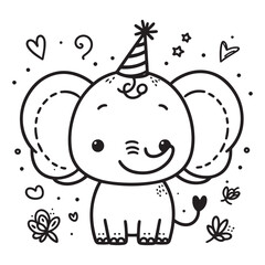 Cute elephant animal. Coloring book page for children. Black and White Cartoon Illustration line art.