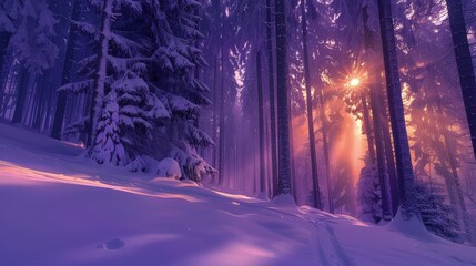 A mystical winter morning in the Black Forest, with towering trees and a blanket of snow illuminated by ethereal purple sunlight.