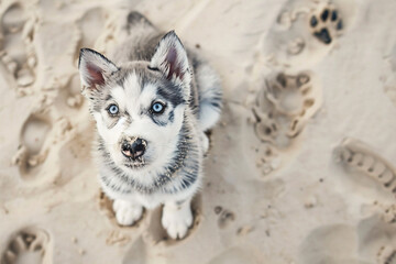 a dog sitting on a sandy beach with paw prints