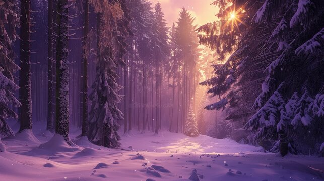 A mystical winter morning in the Black Forest, with towering trees and a blanket of snow illuminated by ethereal purple sunlight.