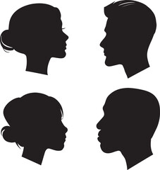Face Silhouettes of Four people. Vector illustration of men and women face silhouette. set of four silhouette profile. hair style. couples. face profile silhouette.