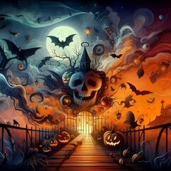Obraz premium Halloween 2024. City panorama in Halloween style. Scary halloween isolated background. Orange and yellow background
