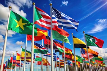 A diverse collection of vibrant national flags from African countries, comprising unique combinations of stripes, stars, and shapes, set against a clear blue sky.