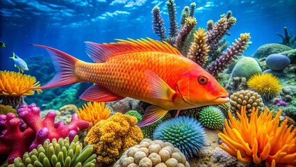 Vibrant orange hogfish swims amidst a kaleidoscope of tropical coral and sea anemones in the crystal-clear turquoise waters of a Caribbean reef system.