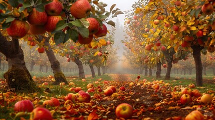 An orchard with apple trees, their leaves turning gold and red, on a foggy autumn morning. The ground is covered with fallen fruit and leaves.