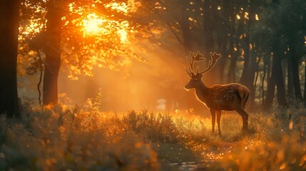 A deer stands in a field of tall grass, with the sun shining brightly on it