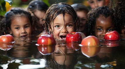 Fototapeta premium A traditional Halloween apple bobbing game with diverse children excitedly participating, their reflections shimmering in the water and apples floating around