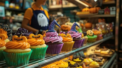 A whimsical Halloween-themed bakery display with colorful cupcakes, cookies shaped like witches and pumpkins, and a diverse baker behind the counter in a ghost apron