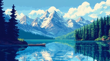 Fototapeta premium reflection lake and mountains with pine forest pixel art cartoon style landscape
