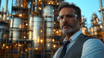 Industrialist Businessman with Glasses and Beard in Business Attire at Oil Refinery with Gas Lamps