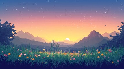 beautiful mountains with meadow and flowers landscape in evening pixel art style panoramic view
