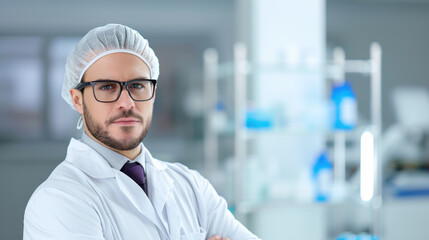 Facility engineer on the background of the laboratory at the pharmaceutical production, space for the concept of pharmaceutical production, development of new drugs